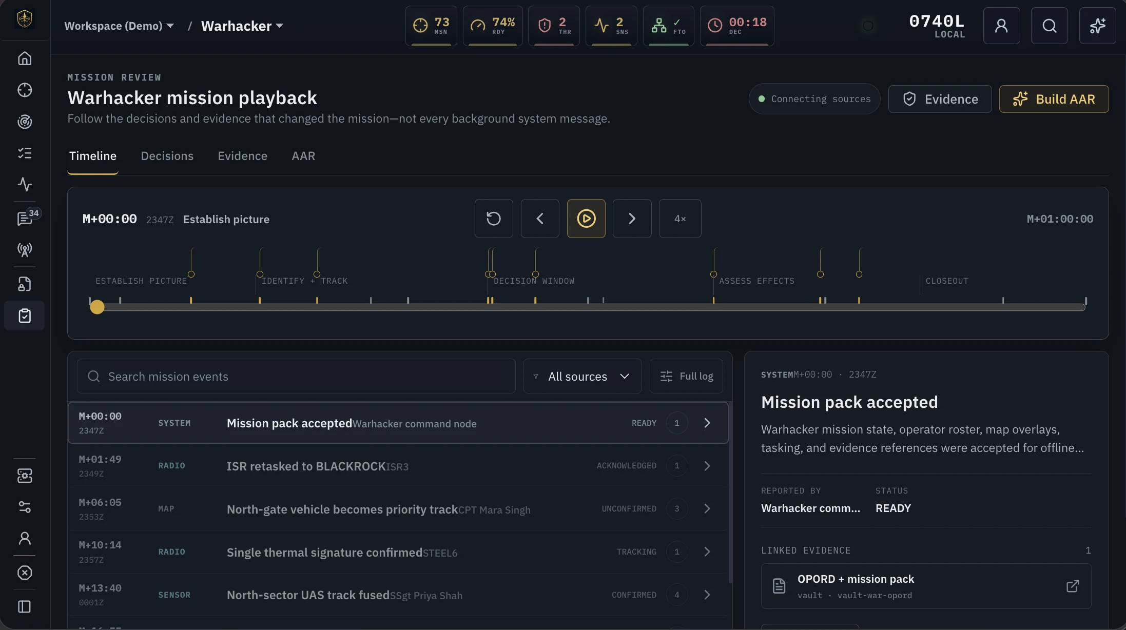 EdgeLance mission playback and after-action interface